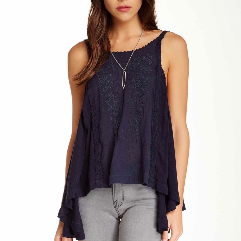 Free People Navy Blue Embroidered Swing Camisole